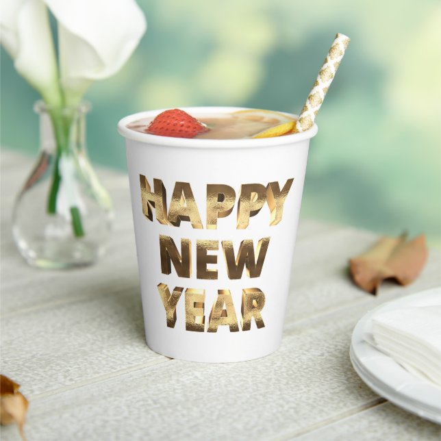 Typography Faux Gold Lettering Happy New Year Paper Cups (Insitu)