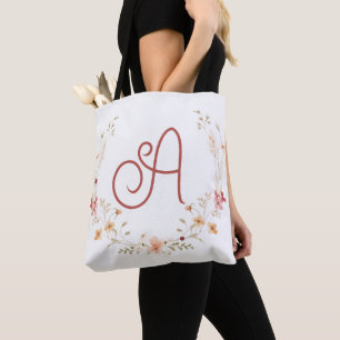 Typography Floral Monogram Initial A  Tote Bag