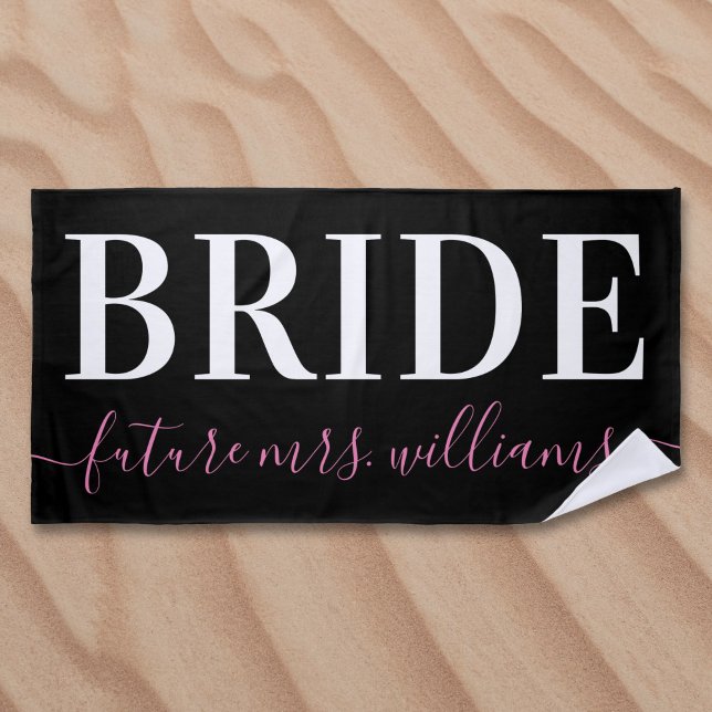 Typography Future Mrs. Name Bride Pink Black Beach Towel (Creator Uploaded)