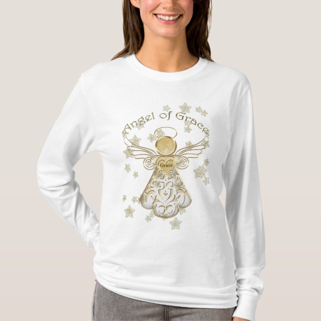 Typography Gold Christmas Angel of Grace & Stars T-Shirt (Front)