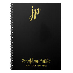 Typography Gold Initial Monogram Name Black Notebook