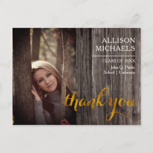Typography Gold Wood 2023 Graduation Thank You Postcard