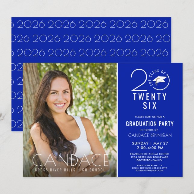  Typography Grad Cap Royal Blue Invitation (Front/Back)