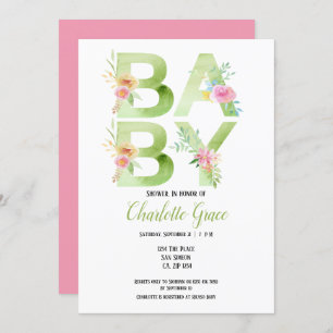 Typography Green Text Pink Flowers Baby Shower Invitation