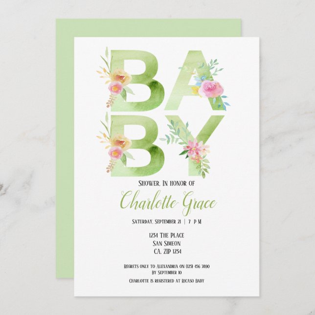 Typography Green Text Pink Flowers Baby Shower Invitation (Front/Back)