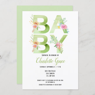 Typography Green Text Pink Flowers Baby Shower Invitation
