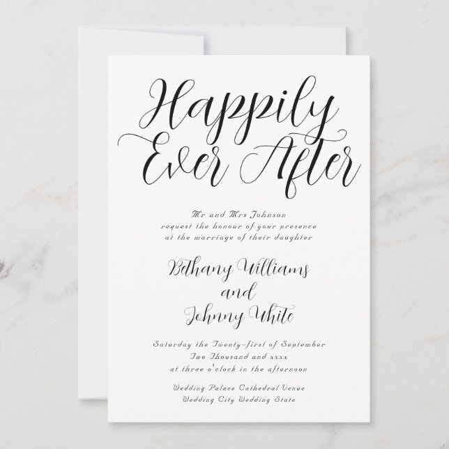 Typography Happily Ever After Back White Wedding Invitation (Front)