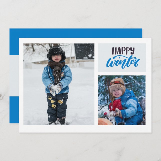Typography Happy Winter Blue Two Photo Holiday Card (Front/Back)