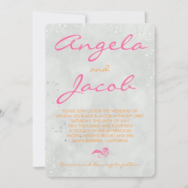 Typography Hot Pink Orange Grey Wedding Invitation (Front)