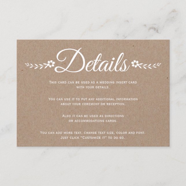 Typography kraft paper wedding details insert (Front)