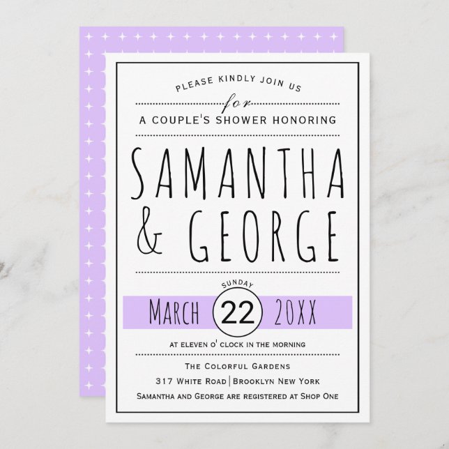 Typography lavender wedding couple's shower invitation (Front/Back)