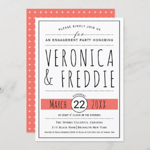 Typography living coral wedding engagement party invitation