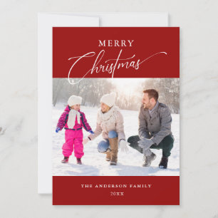 Typography Minimal Red 2 Photos Merry Christmas Holiday Card