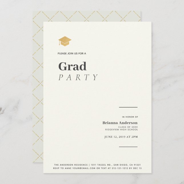 Typography Minimalist Beige Gold Graduation Party Invitation (Front/Back)