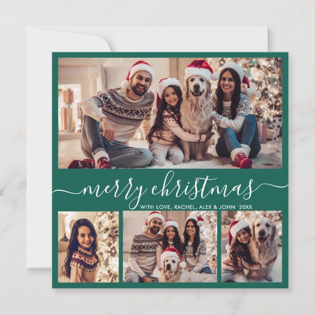 Typography Modern Green 5 Photo Collage Christmas Holiday Card (Front)