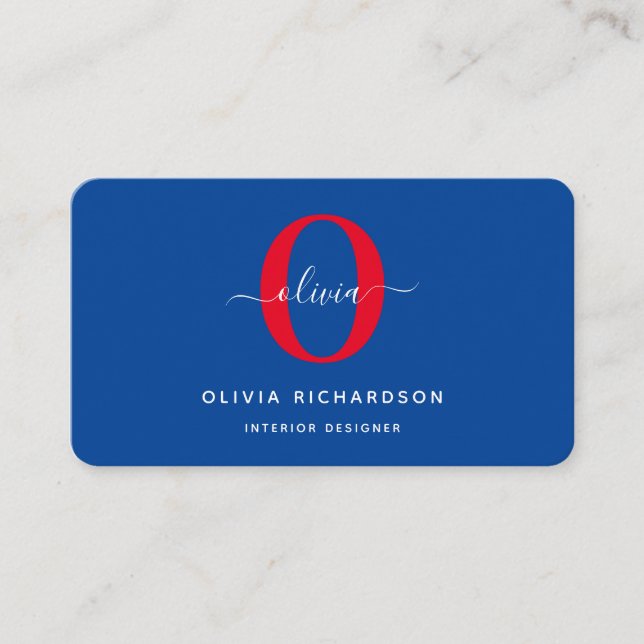 Typography Monogram Script Name Blue White Red Business Card (Front)