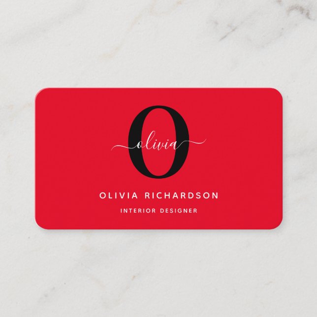 Typography Monogram Script Name Red Black White Business Card (Front)