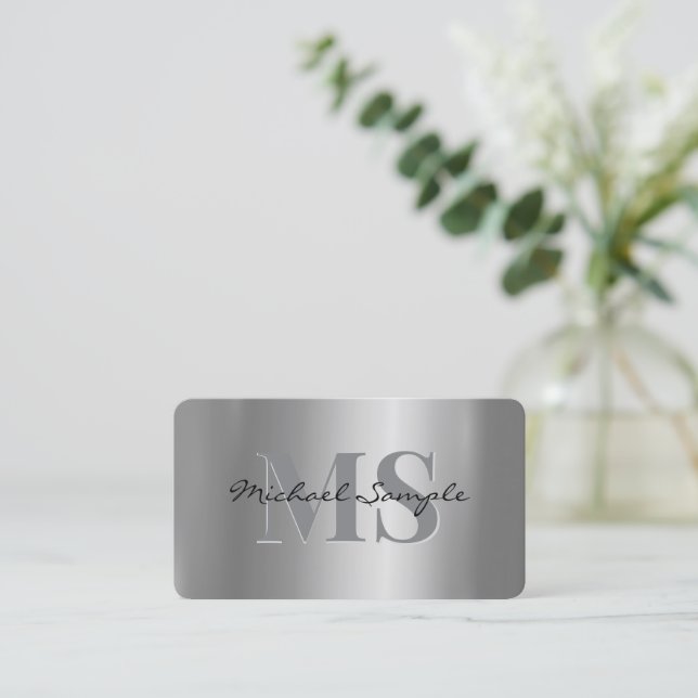 Typography Name QR Code Script Luxury Silver Business Card (Standing Front)