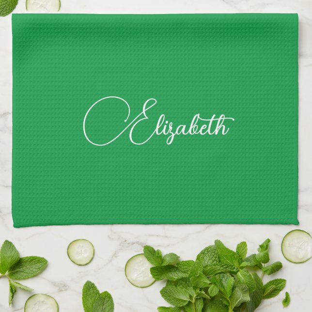 Typography Name Template Elegant Kelly Green Tea Towel (Folded)