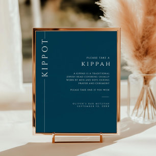 Typography Navy Blue Bar Mitzvah Kippah Sign