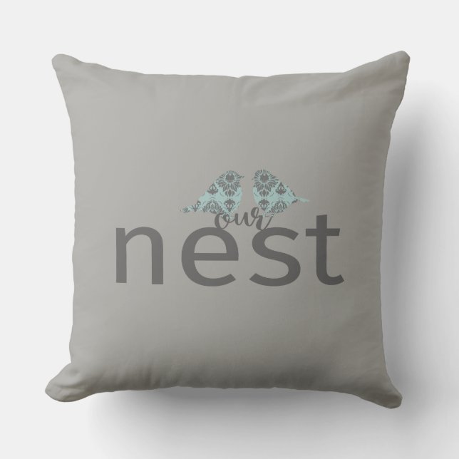 Typography "Our Nest" Grey & Blue Love Birds Cushion (Front)