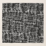 typography pattern of white names on black scarf<br><div class="desc">Add your own name to the template to create an exclusive black and white scarf...  the name you write turns into a beautiful typography pattern of different font styles and colours</div>
