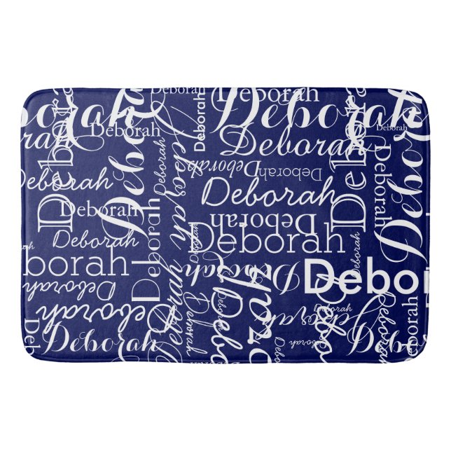 Typography Pattern White Names Blue Bath Mat (Front)