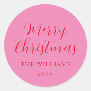 Typography Pink Red Merry Christmas Classic Round Sticker