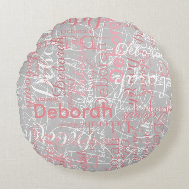 Typography Pinkish Names on Pale Grey Round Pillow (Front)