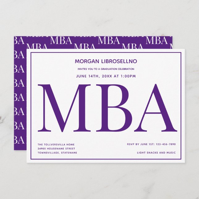Typography Purple White MBA Graduation Party Invitation (Front/Back)