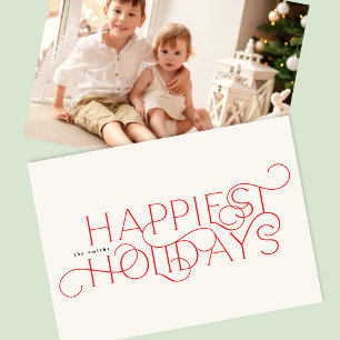 Typography Red Elegant Traditional One Photo Happy Holiday Card