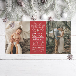 Typography Red Joy and Peace this Season Photo Holiday Card