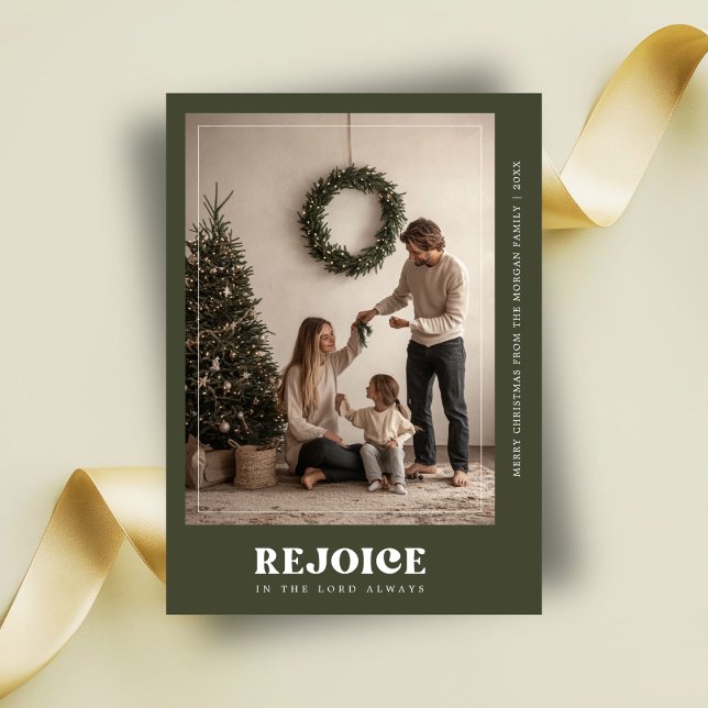 Typography Rejoice Green Religious Christmas Photo Holiday Card (Creator Uploaded)