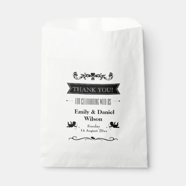 Typography Retro Wedding Black And White Favour Bags (Front)