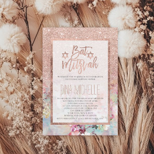 Typography rose gold floral watercolor Bat Mitzvah Invitation