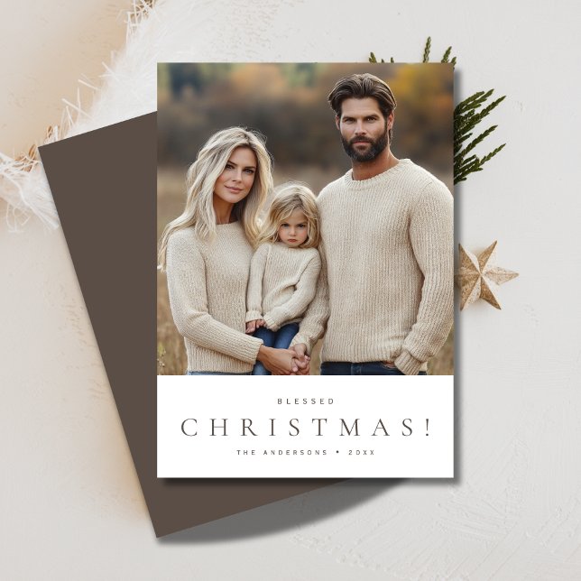 Typography Rustic Grey Blessed Christmas Photo Holiday Card (Creator Uploaded)