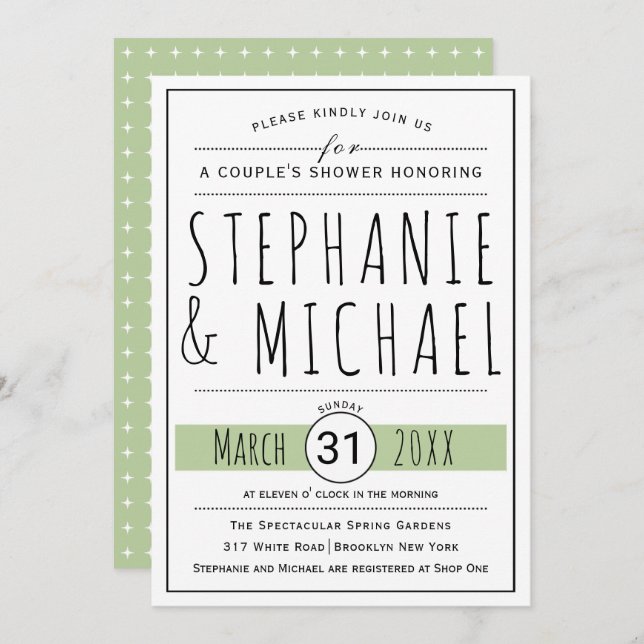 Typography sage green wedding couple's shower invitation (Front/Back)
