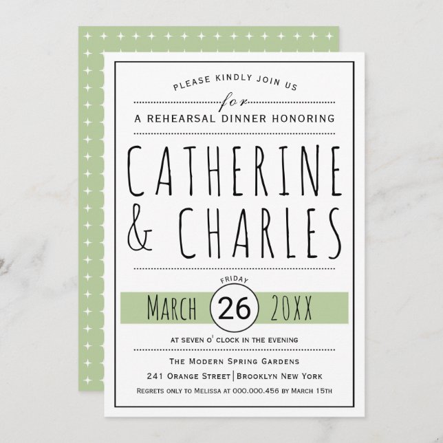 Typography sage green wedding rehearsal dinner invitation (Front/Back)