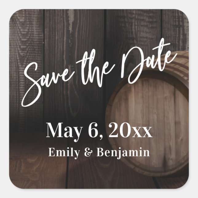 Typography Save the Date Brown Wooden Barrel Square Sticker (Front)