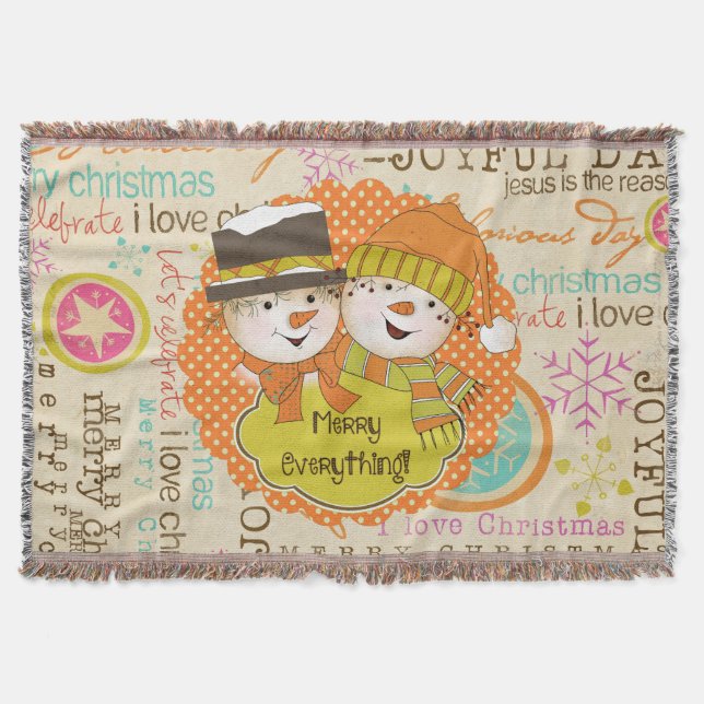 Typography Snowmen Merry Everything Holiday Throw Blanket (Front)