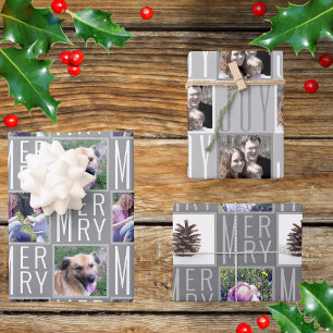 Typography Square Photos Chic Sophisticated Grey Wrapping Paper Sheet