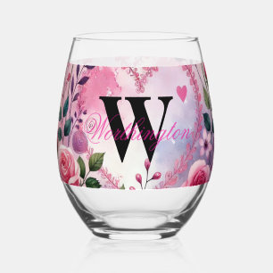 Typography text floral hearts romantic watercolor stemless wine glass