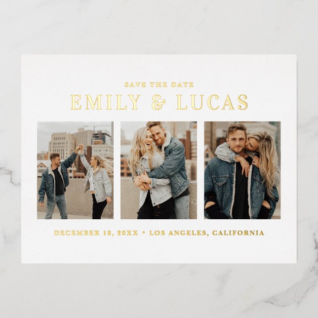Typography Three Photo Collage Save The Date Foil Invitation Postcard (Front)