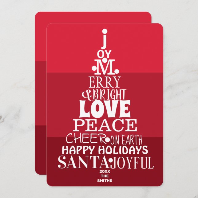 Typography Tree White On Berry Red Modern Holiday Card (Front/Back)