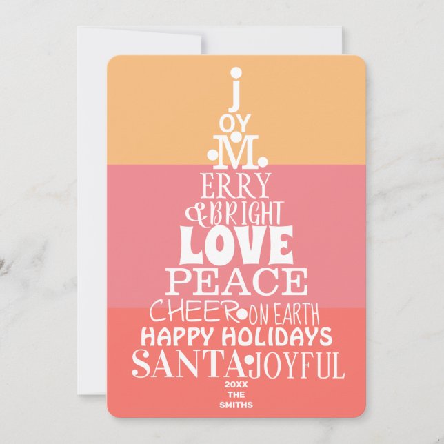 Typography Tree White On Coral Pink Modern Holiday Card (Front)