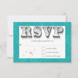 Typography Turquoise and Pink Damask Wedding RSVP Card