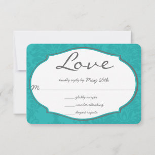 Typography Turquoise Blue Damask Wedding RSVP Card