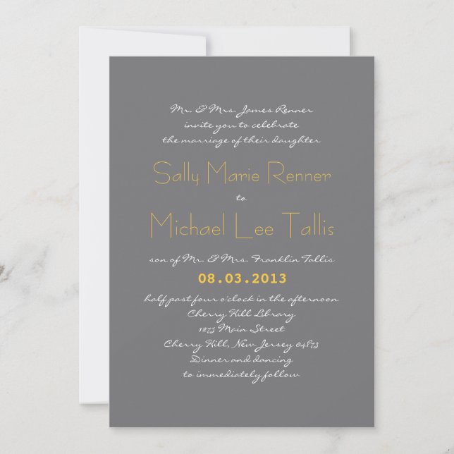 Typography Wedding Invitation in Grey and Yellow (Front)