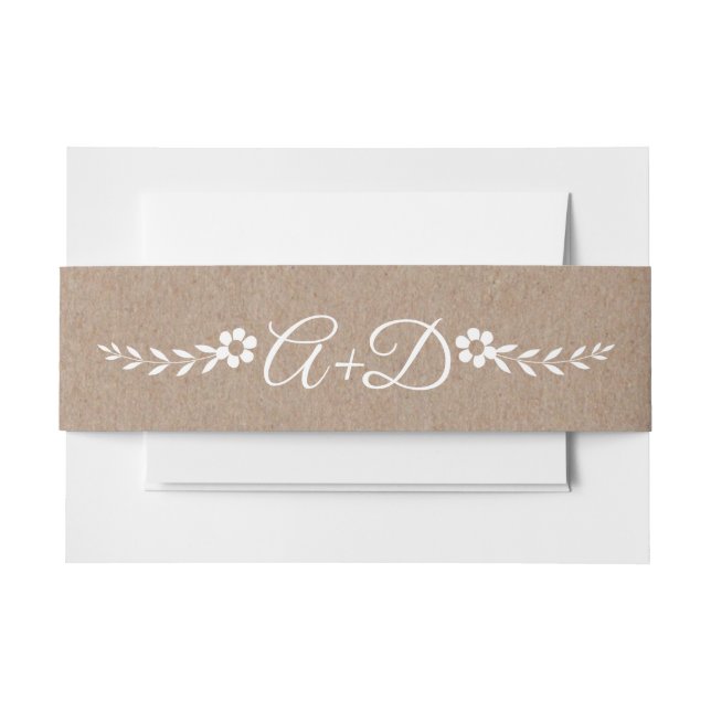 Typography, white flowers, initials rustic wedding invitation belly band (Front Example)