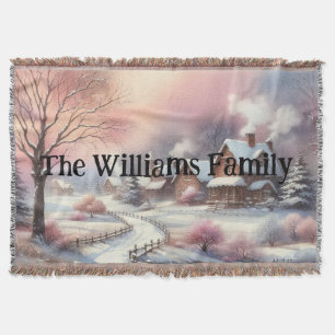 Typography Winter Scenery Cottage Watercolor  Thro Throw Blanket